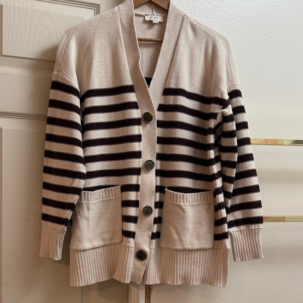 LOFT Cream and Dark Brown Striped Button-Front Cardigan